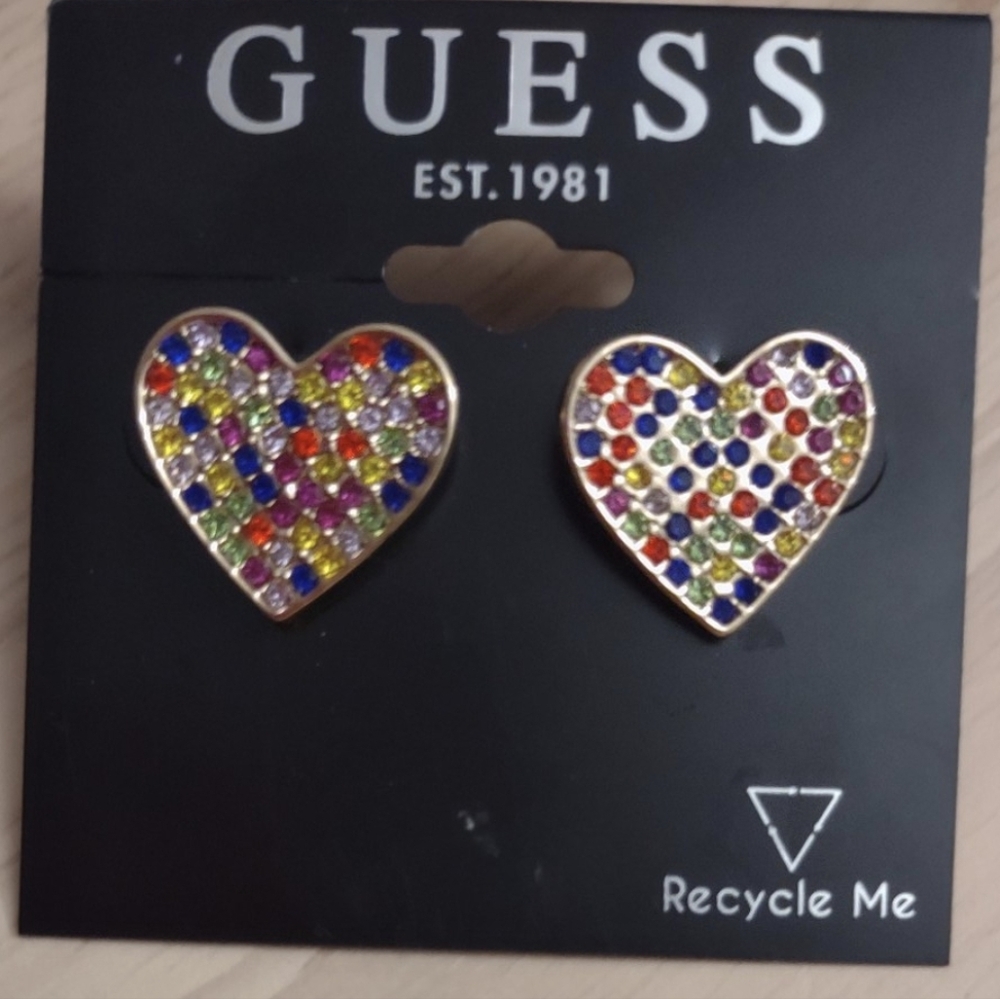 GUESS Rainbow Heart Love Crystal Colors Gold Studs Earrings